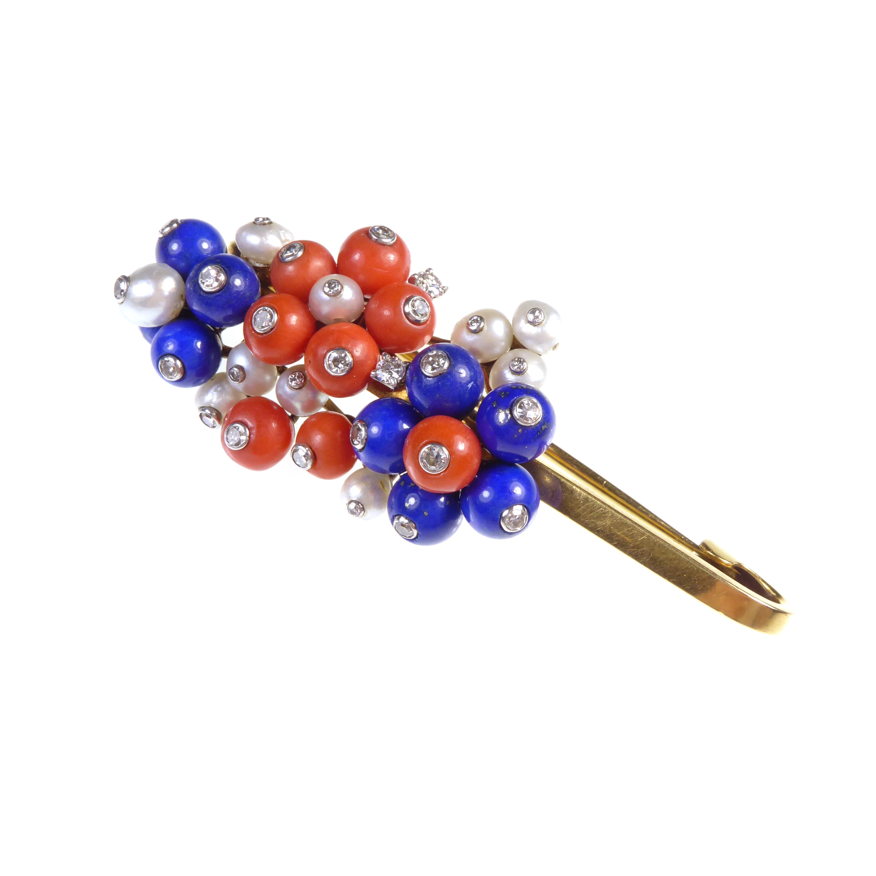 Art Deco pearl, diamond lapis lazuli and corallium rubrum cluster brooch pin by Cartier, Paris 1938,